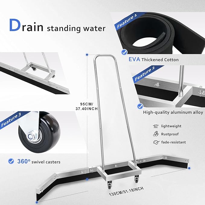 Tennis Court Squeegee Floor squeegee heavy duty concrete floor Squeegee tennis court equipment, Silver Aluminum Frame with Rolling Wheels＋2EAV ,Garage Floor Squeegee Sports Court Maintenance Tool