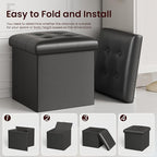 YOUDENOVA 15 inches Folding Storage Ottoman, Cube Storage Boxes, Small Ottoman with Foam Padded Seat, Support 300lbs (Black, Leather)