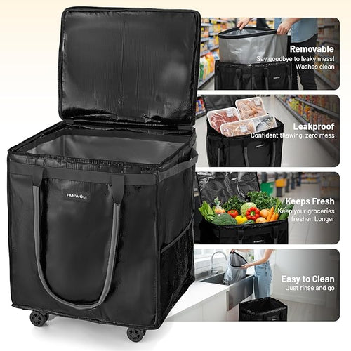 (Medium) Fanwoli Reusable Grocery Bag On Wheels with Removable Liner | Wrinkle-Resistant Fabric | Enhanced Stability Wheels & Extended Handle | Foldable Shopping Trolley for Laundry, Carries Up to 66L