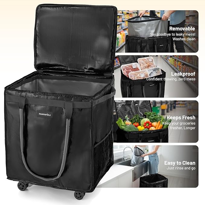 (Large) Fanwoli Reusable Grocery Bag On Wheels with Removable Liner | Wrinkle-Resistant Fabric | Enhanced Stability Wheels & Extended Handle | Foldable Shopping Trolley for Laundry, Carries Up to 130L