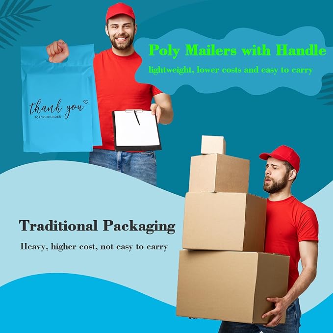 JinRuiKJ Poly Mailers with Handle 10x13 Inch 100 Pcs, Easy to Carry Packaging Bags for Small Business, Thank You Shipping Bags with Self Adhesive Strip, Tearproof and Waterproof - Blue