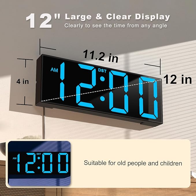 JALL 12'' Large Digital Wall Clock, Big LED Number Dispaly, DST, Night Light for Classroom, Living Room, Bedroom, Mounted, Birthday Xmas Gift for Senior, Mem Womem Mom Dad, Blue