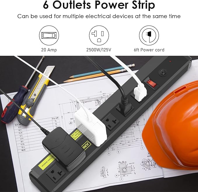 JUNNUJ 20 Amp Power Strip Heavy Duty 2 Pack,Heavy Duty 20 Amp Surge Protector 4800J, Garage Metal 6 Outlets 12 Gauge Extension Cord 10ft