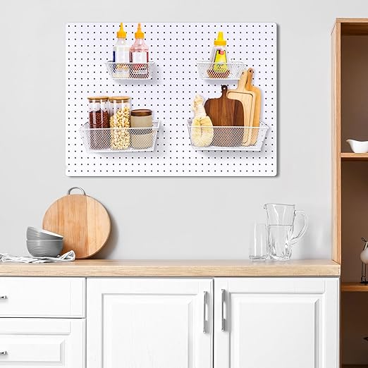 Sieral 4 Pcs Pegboard Baskets Metal Wire Shelf Baskets Peg Board Organizer Accessories Wall Mount Organizer Attachments for Garage Workbench Various Tool Accessories, 2 Sizes (White,Medium, Large)