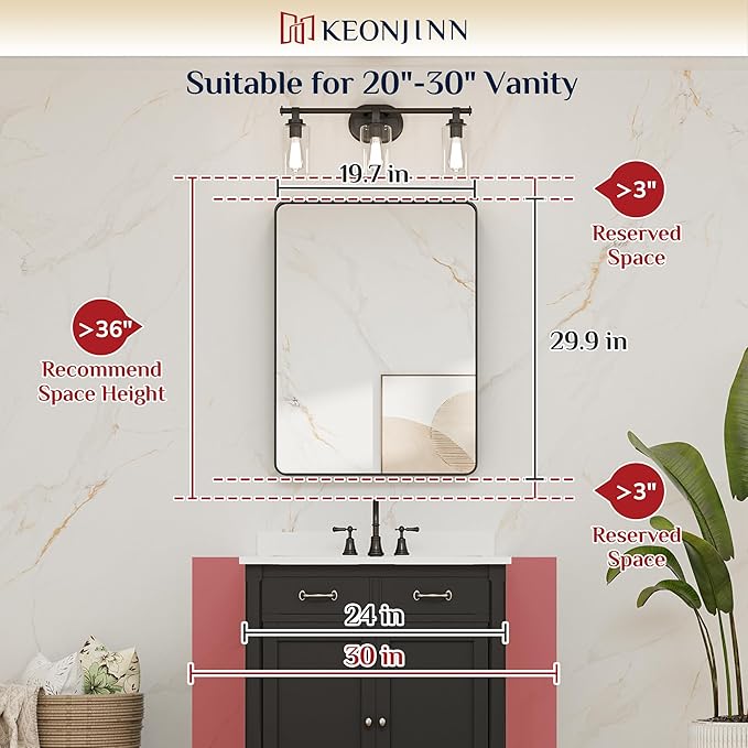 Keonjinn Black Bathroom Mirror, 20 x 30 Inch Rounded Rectangle Sandblasted Finish Bathroom Mirrors for Over Sink, Matte Black Farmhouse Mirror with Seamless Frame, HD Tempered Glass Vanity Mirror