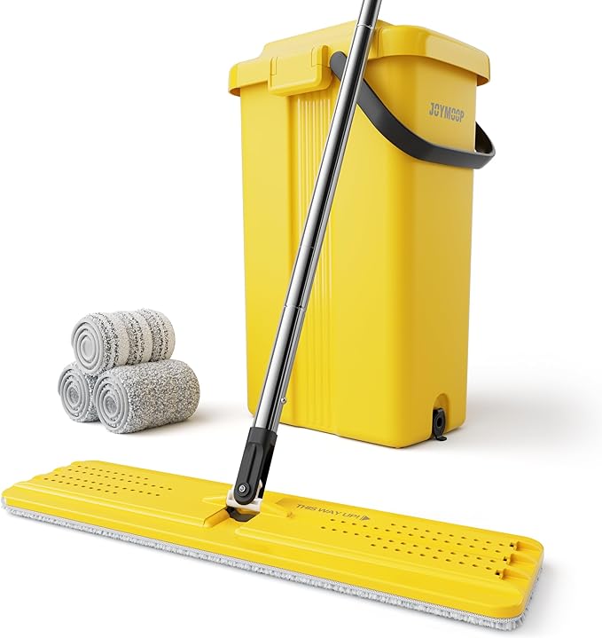 JOYMOOP Industrial Mop and Bucket Set, 17.7-inch Dust Mops for Floor Cleaning, Flat Mop Bucket with Wringer, Include 3 Reusable Microfiber Mop Pads - Yellow
