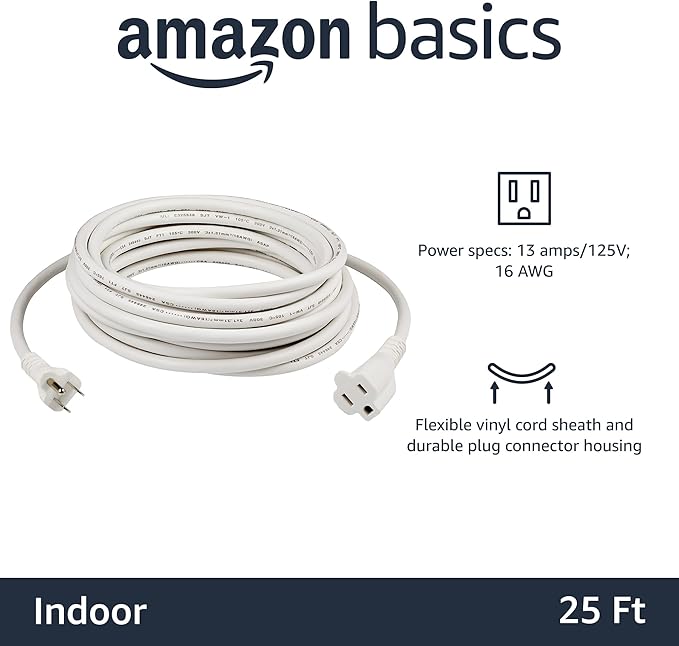 Amazon Basics Extension Cord, 13 Amps, 125V, 25 Foot, White - Pack of 2