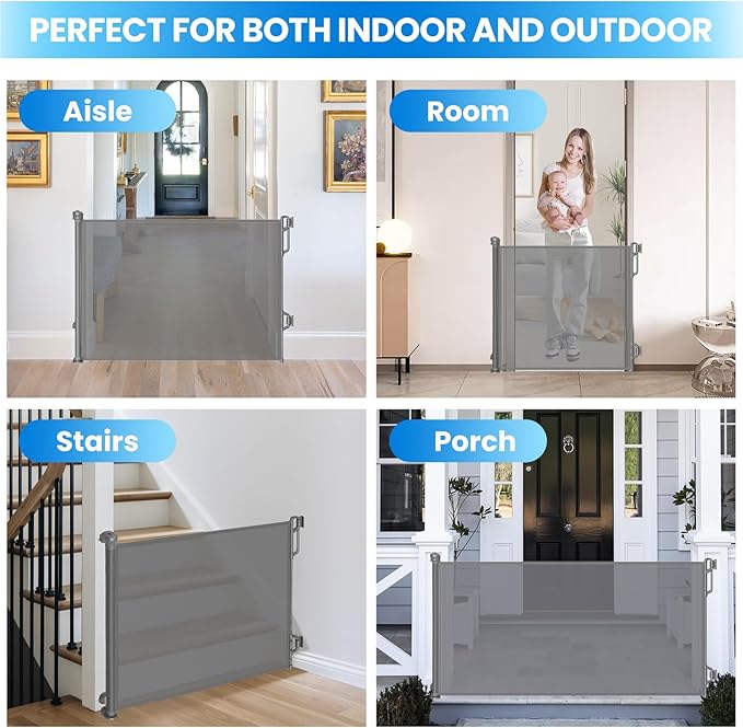 Retractable Safety Baby Gate or Mesh Dog Gate,Durable Portable Mesh Retractable Gate,Easy to Use for Stairs, Doorways, Hallways, Indoor, Outdoor, 33.5" Tall, Up to 45" Wide, Gray