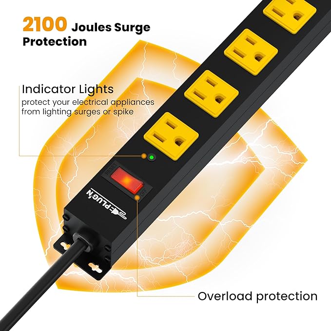 12 Outlet Long Power Strip, 3FT Power Cord, 2100 Joules Surge Protector, Wide Spaced Outlet Power Bar, Overload Protection Switch, Industrial Heavy Duty for Work Bench, Shop, Garage