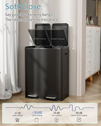 16 Gal (2 x 30 L) Dual Trash Can, Stainless Steel Kitchen Garbage Bin, Recycle Dustbin with Odor Control Box, Soft-Close Lid, Inner Buckets, Side Handle, Step Pedal, for Home Office