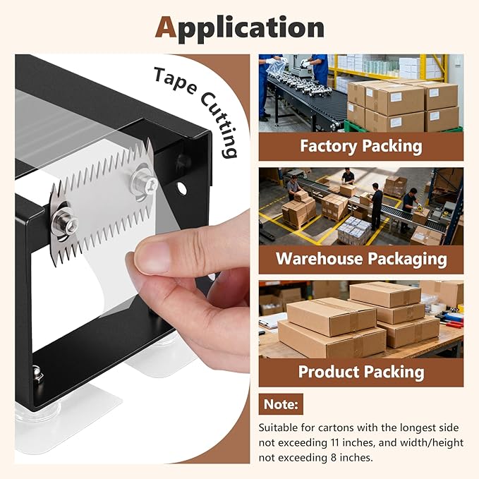 Desktop Packing Tape Dispenser with Dual-Sided Cutter for 2.36" Wide Tape (3" Core), Commercial Black Tape Cutting Machine with Suction Cups for Packaging, Shipping, Moving
