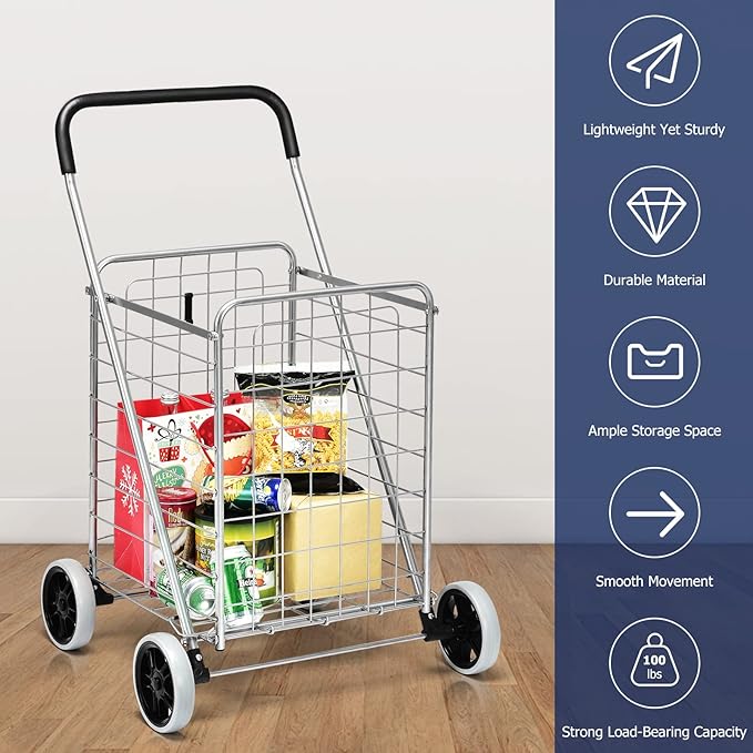 Goplus Shopping Carts for Groceries, Heavy Duty Folding Shopping Cart with Wheels, Portable Collapsible Grocery Cart, Light Weight Foldable Utility Cart for Laundry Silver
