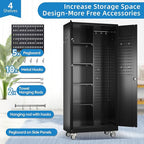 Garage Storage Cabinet with Wheels, Broom Closet Storage Cabinet with Pegboards and Adjustable Shelves, Metal Tool Cabinet with Lockable Door for Garage Home, Black