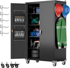 43.3''W x 22''D x 72''H Wide and Deep Garage Storage Cabinet with Wheels & Pegboard & 9 Hooks, Lockable Metal Storage Cabinet with 2 Doors and 4 Adjustable Shelves for Garage, Home, Black