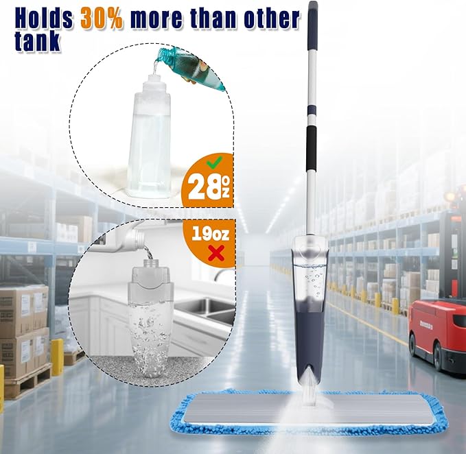 24" Dry mops for Floor Cleaning, Microfiber mop Spray System, Commercial Heavy-Duty Wet mops with 28oz Big Tank, 2 Washable Pads for Lobby, Pool, Factory, Office, Warehouse, Concert, Library (1)
