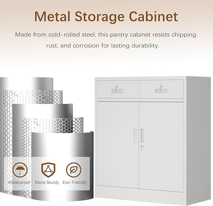 Metal Storage Cabinet, 36 Inch Tall Metal Storage Cabinet with Doors and Shelves, Pantry Cabinets with Drawer for Kitchen Storage, Garage Cabinet for Living, Dining Room, Assemble Required.