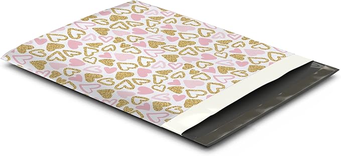 12x15 (50) Pink and Gold Hearts Valentine's Day Designer Poly Mailers Waterproof Self Sealing Tear Resistant Polymailers Large Shipping Envelopes Premium Printed Bags For Small Businesses