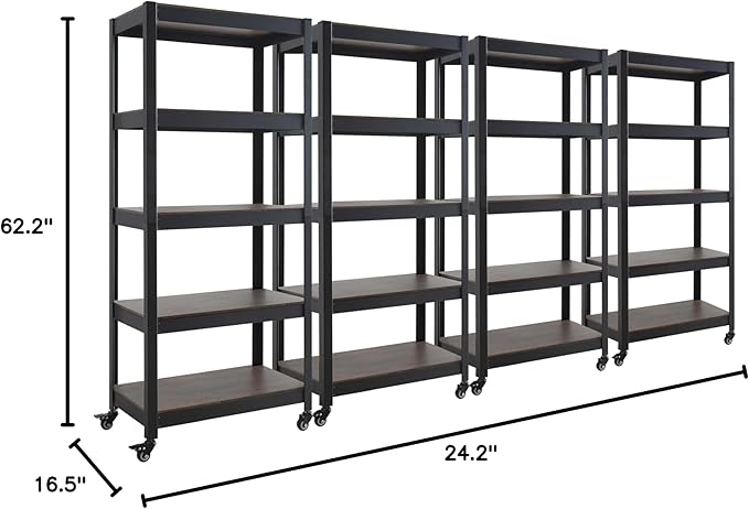 HOMEDANT House 5-Tier Metal Rolling Cart Shelf Rack Casters Heavy Duty Laminated Wheel Shelving Unit Adjustable Utility Storage Shelves Organizer Shelf Kitchen Garage (4, (S) 24.4" W, Black)