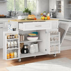 Kitchen Island with Storage, 43.3" Island Table for Kitchen with Widen Drop Leaf Rubberwood Top, Trash Can Storage and Towel Bar, Rolling Kitchen Island Cart on Wheels for Indoor Outdoor, White
