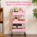 AGTEK 3-Tier Rolling Carts with Wheels, Rolling Utility Cart with Iron Frame for Kitchen, Plastic Shelves, Living Room, Office, Pink