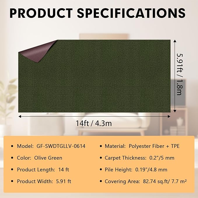 Marine Carpet,6 FT x 14 FT Olive Green Indoor Outdoor Carpet 0.2" Thick with Water-Proof TPE Backing, Non-Slide for Home, Patio, Porch, Deck