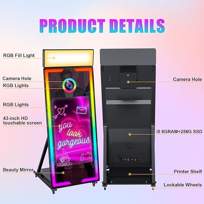 Magic Mirror Photo Booth 65" with 43" Touch Screen Selfie Mirror Photo Booth Machine with Flight Case, Mirror Photo Booth for Event Rental Wedding Party