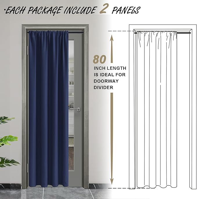 JIUZHEN Blackout Doorway Curtains 80 inch Length - 2 Panels Thermal Insulated Privacy Soundproof Rod Pocket Closet Door Curtains Room Divider for Bedroom,Office, 42 x 80 inches,Navy Blue