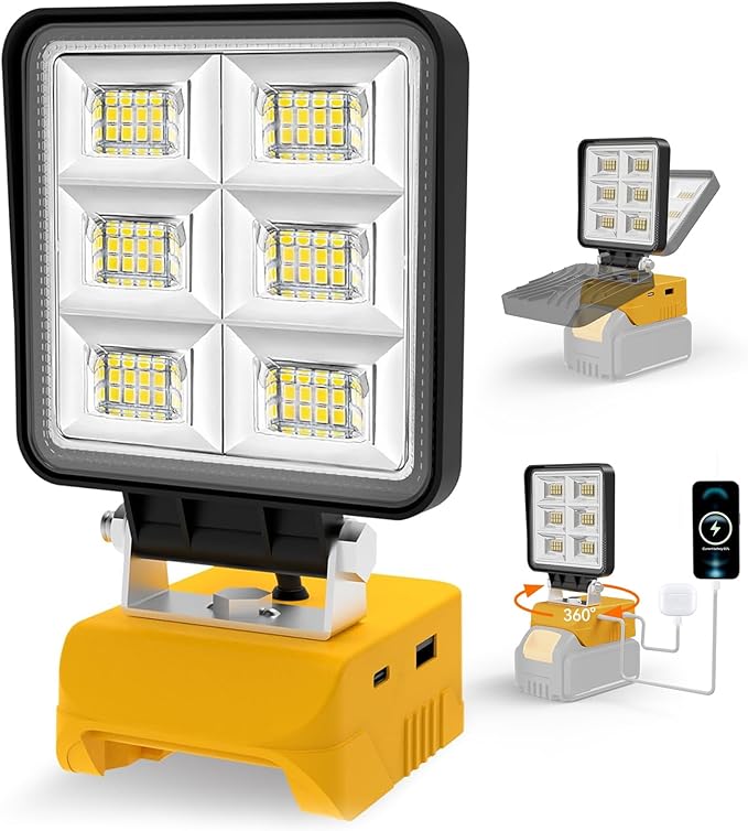 T-SUN Rechargeable LED Work Light, Portable Work Light Compatible with Dewalt 20V Battery, Cordless Flashlight Flood Light 52W 5200LM with USB &Type C Charger Port for Workshop, Garage Repair (1 Pack)