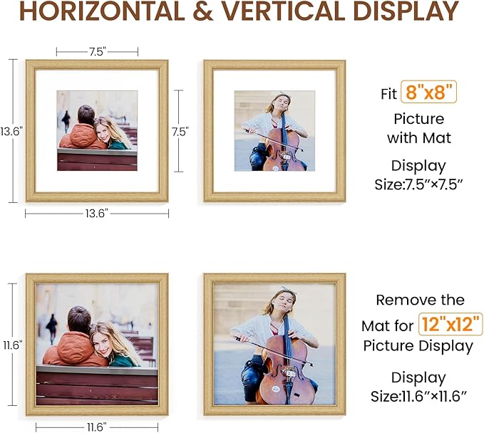 Natural Oak 12x12 Picture Frames Mat to 8x8 Picture Display,Original Wood Handcrafted Poster Frame,Wooden Frame 12x12 with Tempered Glass Graduation Family Wedding Certificate Photo Wall Mounted