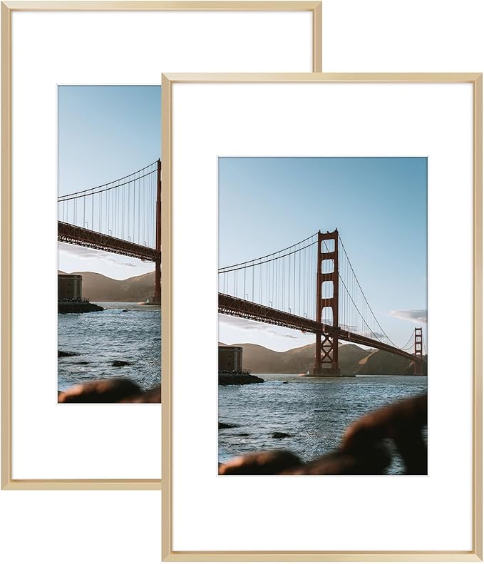 Frametory, 11x17 Metal Picture Frame with Mat for 8x12 Picture & Real Glass, Aluminum Photo Frame Collection (Gold, 2 Pack)