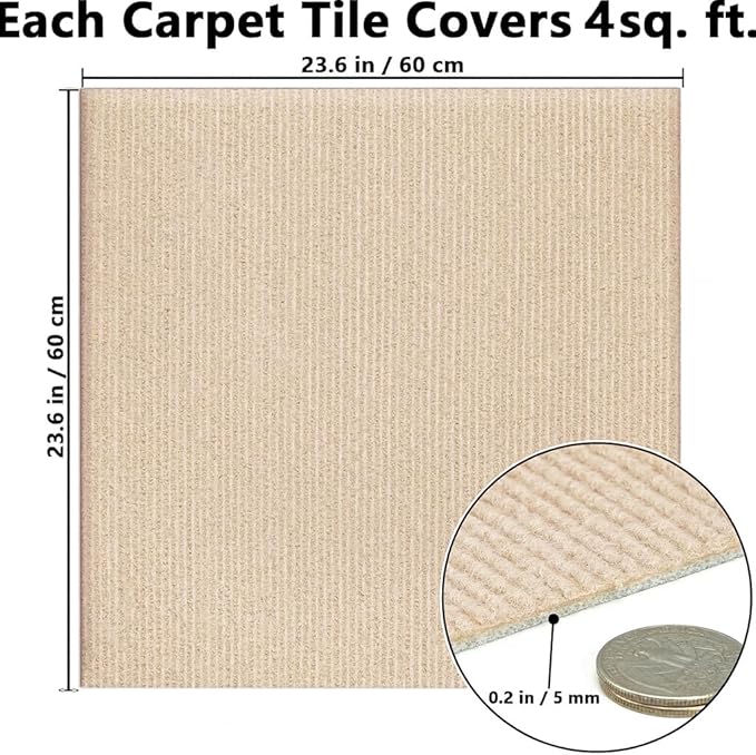 Carpet Tiles Peel and Stick, Self Adhesive Carpet Floor Tile 24" x 24", Khaki Soft Padded Flooring Sticker, Home Decor for Bedroom Living Room Office, 20 Tiles per Box