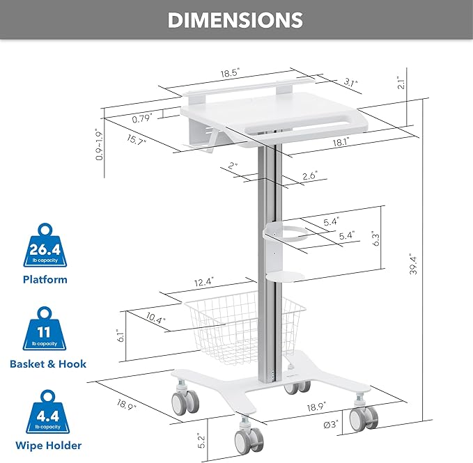 Mount-It! Medical Laptop Cart with Locking Wheels and Anti-Theft Bar, Mobile Computer Workstation for Clinics, Hospitals, Labs – Secure Rolling Cart with Supply Holders and Cable Management