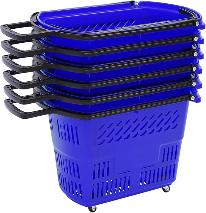 6PCS 35L Rolling Shopping Baskets with Wheels Portable Grocery Basket Set with Handles Plastic Shopping Cart for Supermarkets, Retail Stores, Bookstores (Blue)