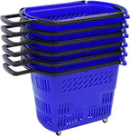 6PCS 35L Rolling Shopping Baskets with Wheels Portable Grocery Basket Set with Handles Plastic Shopping Cart for Supermarkets, Retail Stores, Bookstores (Blue)