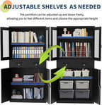 PioneerWorks 71" Black Metal Storage Cabinet w/Glass Doors | 2 Drawers + 2 Adjustable Shelves, Lock Feature | for Garage, Home Office Organization