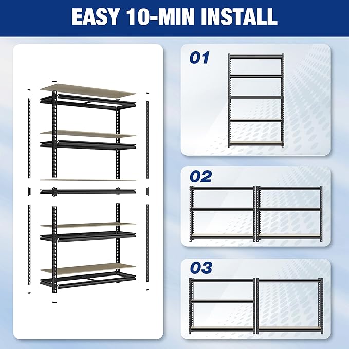 WORKPRO 2180LBS Garage Shelving Unit, Heavy Duty 5-Tier Adjustable Storage Shelf, Shelving Units and Storage for Kitchen, Basement or Pantry, 27.6”Wx11.8”Dx60”H, Black