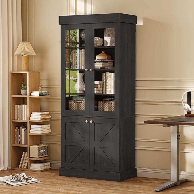 Vyre 71" Tall Farmhouse Bookshelves with Glass Doors, Set of 3 – Large Modular Bookcase with Adjustable Shelves, Storage Cabinet for Living Room, Kitchen, Home Office, Black