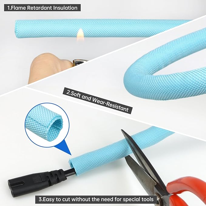 Split Braided Cable Sleeve，Flexible Wire Loom Tubing, Automotive Cord Protector Pet Proof, Cable Management for Computer TV Electric Wires Harness 16ft (Sky Blue, 5mm（3/16")