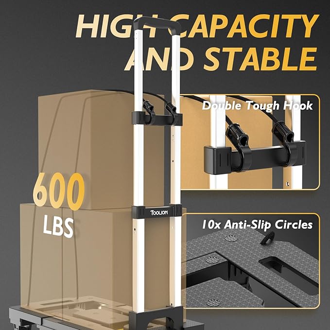 TOOLIOM Folding Hand Truck, 600 lbs Heavy Duty Foldable Luggage Cart with 7 Tank Wheels, Portable Collapsible Dolly Cart with Extendable Base, Utility Cart with Brake Wheels