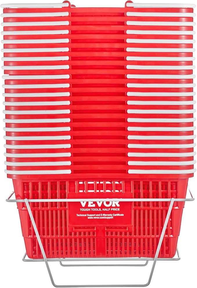 VEVOR Set of 20, 21L Red Plastic Grocery Basket with Handle and Stand, 16.5 x 11.8 x 8.27 inch Portable Shop Basket, Ideal for Retail Store, Supermarket, Grocery Shopping