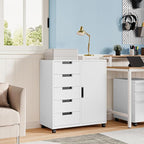 MIIIKO 5 Drawer Storage Cabinet with Door and Shelf, Mobile Lateral Cabinet on Wheels, Office Small Organizer Printer Stand, White File Cabinets