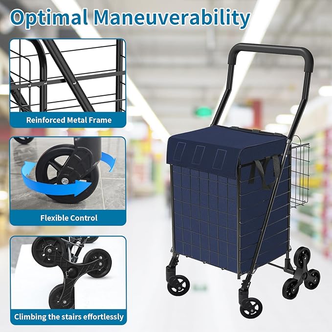 Grocery Shopping Cart with Waterproof Liner Stair Climber Utility Cart Easily Collapsible Cart with Tri-Wheels, 66lb Extended Foam Cover, Trolley for Stair, Laundry, Travel (Blue-)
