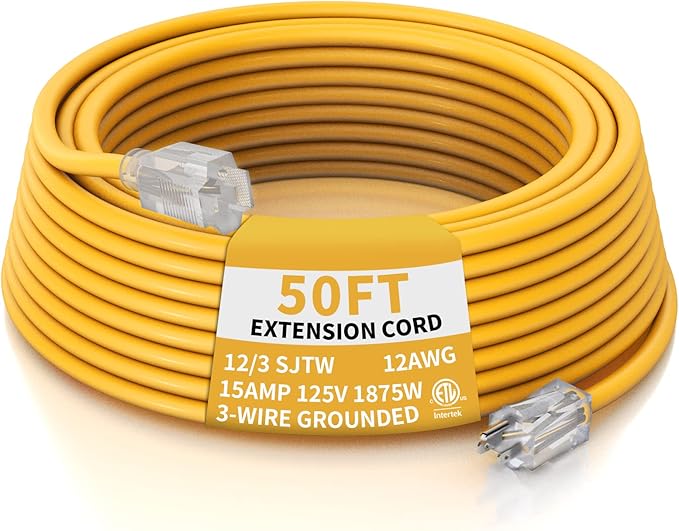 PLUGTUL 12 Gauge Extension Cord 50 Ft, Heavy Duty Outdoor Extension Cord Waterproof Lighted End SJTW, 3 Prong Grounded Plug for Safety, 15A 1875W, ETL Listed, Great for Garden and Home, Yellow