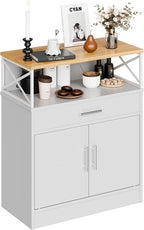 SUNLEI Farmhouse Buffet Sideboard with 2 Doors and 1 Drawer, Open Storage & Adjustable Shelf, Coffee Bar Cabinet for Kitchen/Laundry/Living Room, White