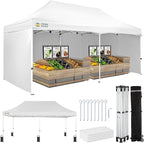 CROWN SHADES 10x20 Pop Up Canopy Tent, Thicken Frame Commercial Heavy Duty Tent, 4 Sidewalls 8 Stakes & 4 Sandbags & 4 Ropes, Outdoor Canopies for Events, Parties,White