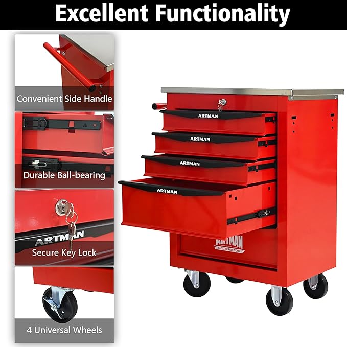 5 Drawer Rolling Tool Chest with Locker, 22.2" D Metal Movable Lockable Tool Cart Box Multi-Functional Hardware Storage Cabinet Box for Warehouse Basement Home Pantry Garage
