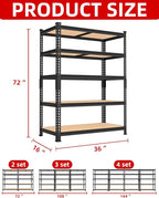 PrimeZone 36" x 16" x 72" Heavy Duty Storage Shelves - 5 Tier Adjustable Garage Storage Shelving, Metal Storage Utility Rack Shelf Unit for Warehouse Pantry Closet Kitchen, Black, 2 Pack