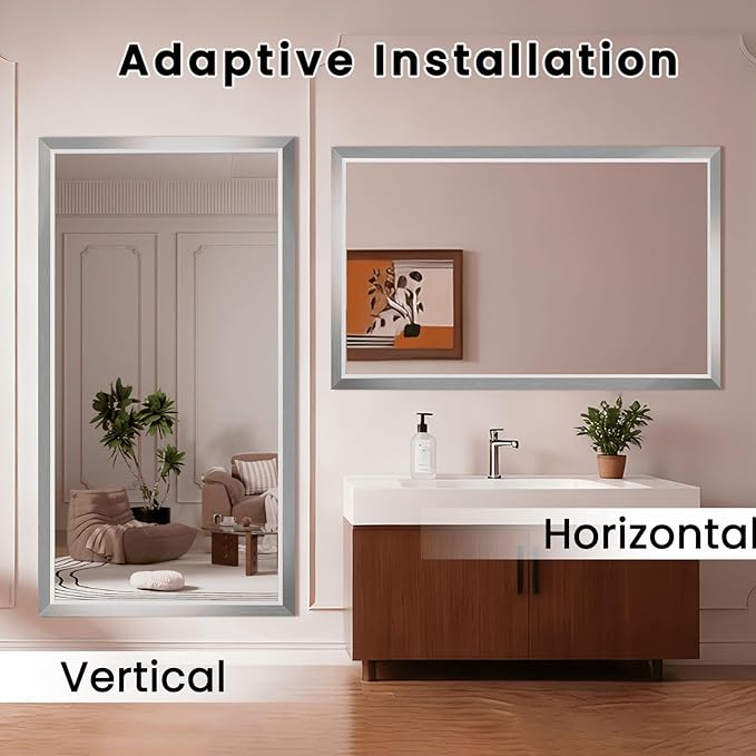 Amorho Bathroom Mirror, 48x40 Inch Silver Thick Metal Framed Wall Mirrors for Over Sink, Brushed Nickel Mirror Perfect for Bedroom, Living Room, Entryway, Rectangle (Horizontal/Vertical).