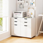 File Cabinet, White Filing Cabinet w/Universal Wheels, Wood Printer Stand w/4 Drawers & 2 Doors, Rolling File Cabinets for Home Office, Living Dining Room (White, 4 Drawers & 2 Doors)