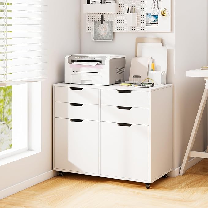 File Cabinet, White Filing Cabinet w/Universal Wheels, Wood Printer Stand w/4 Drawers & 2 Doors, Rolling File Cabinets for Home Office, Living Dining Room (White, 4 Drawers & 2 Doors)